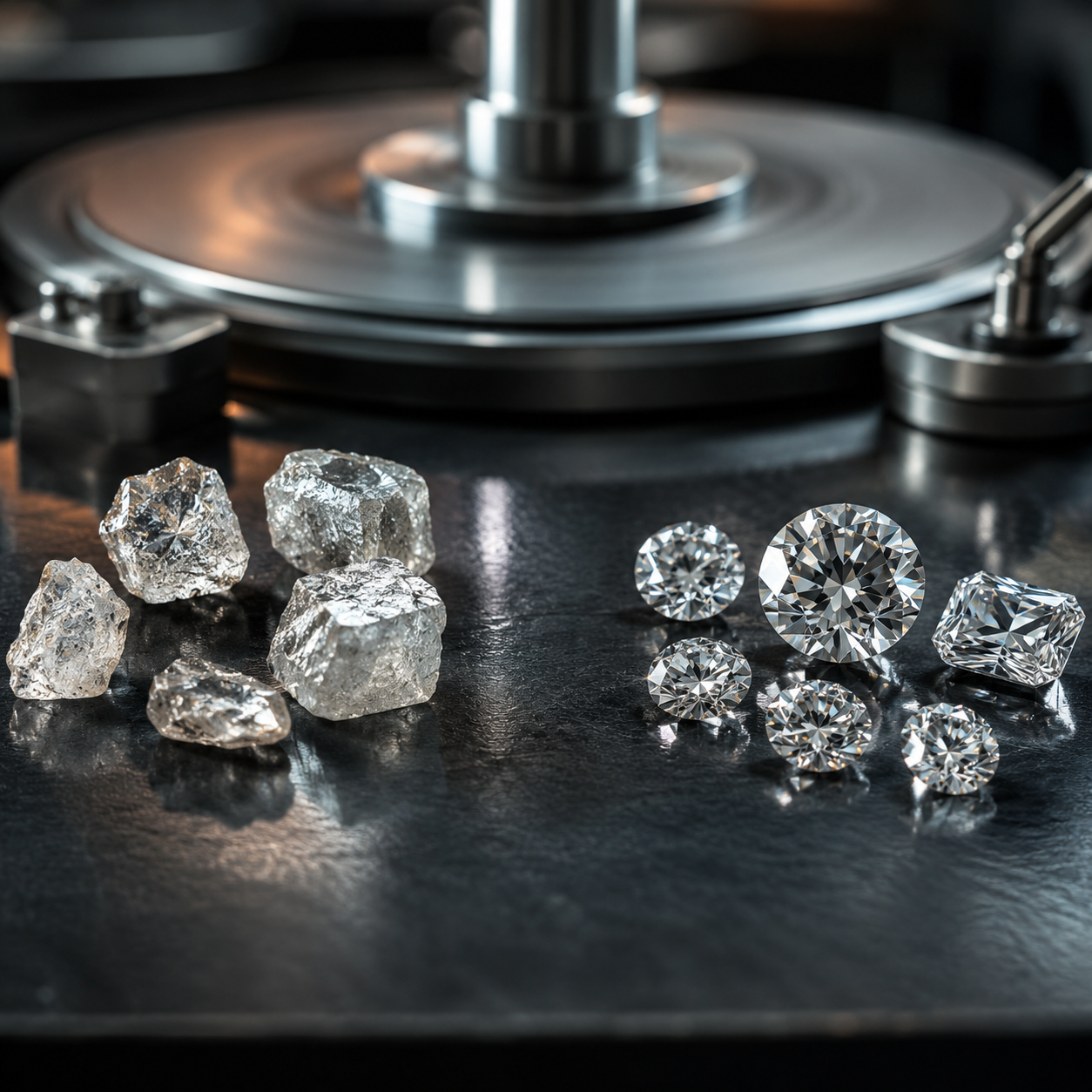 Rough and polished diamonds at the inspection lab